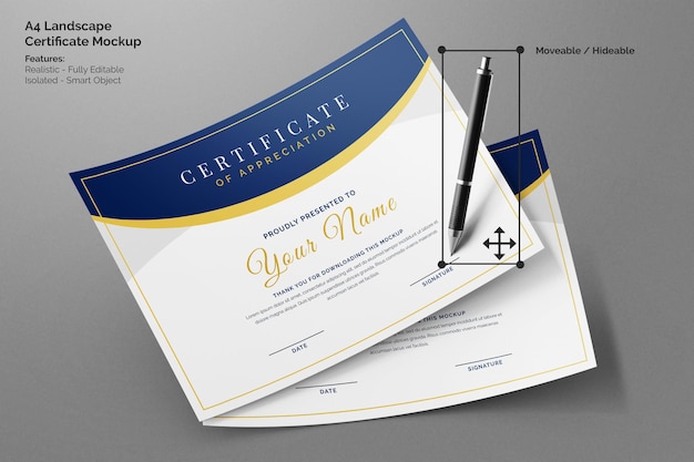 PSD two flying modern landscape company certificate a4 paper editable mockup with signature pen