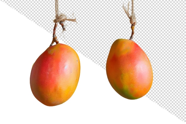 PSD two fruits hanging from a string with a wire attached to it