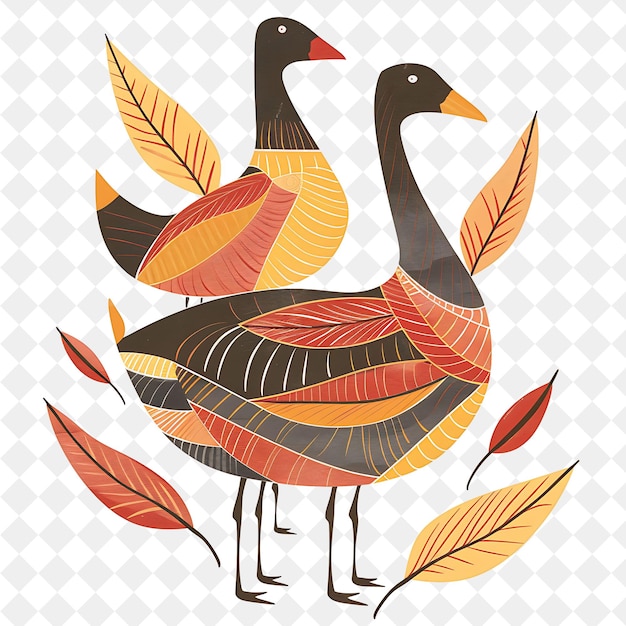 two geese are standing in a circle with leaves on the background