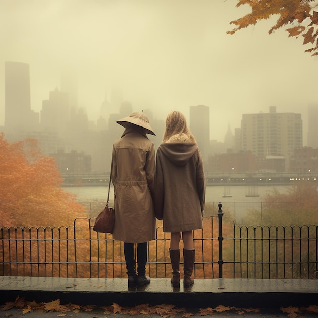 Two girl friends are looking at the autumn city in the fog