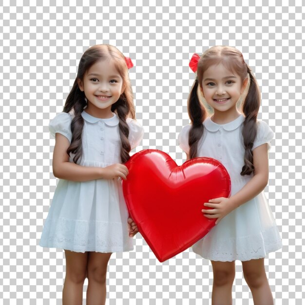 PSD two girls hold a heart shaped balloon with a red heart