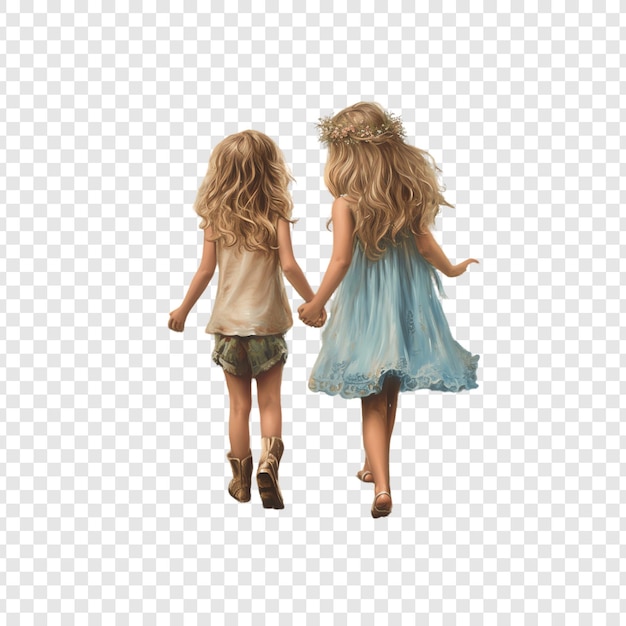 PSD two girls with long blonde hair and blue dress are holding hands the girl is wearing a blue dress