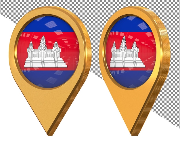 Two gold colored pins with a red and blue flag on them.