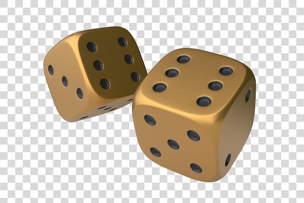 Two golden rolling gambling dice in Flight on a white background Lucky dice Board games 3D render