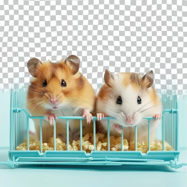 PSD two hamsters in a cage with one eating some food