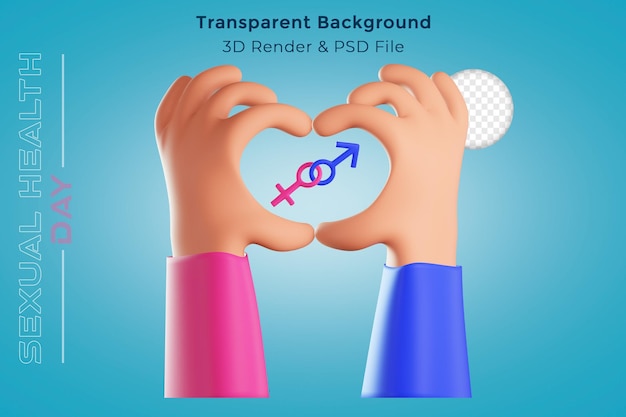 PSD two hands making heart with gender symbol sexual health day concept isolated, 3d rendering