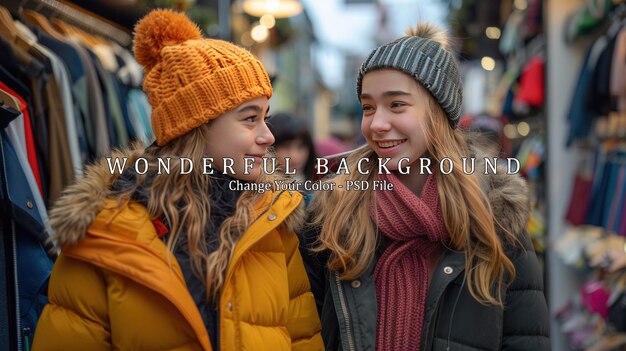 PSD two happy young girls shopping in winter