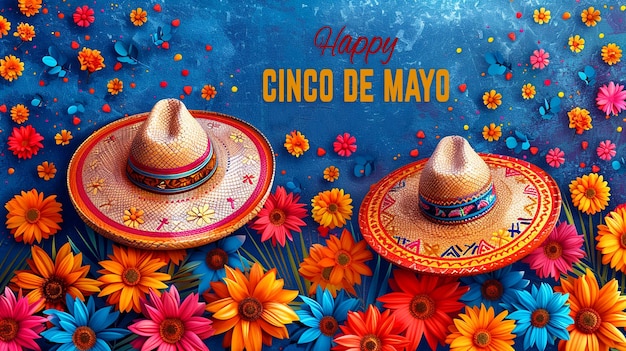 two hats with flowers and a blue background with the word sombrero on them