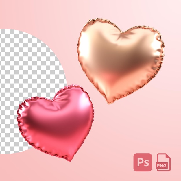 Two heart balloons isolated on a transparent background cut out object in 3D illustration