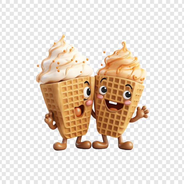 two ice cream cones with faces on a white background