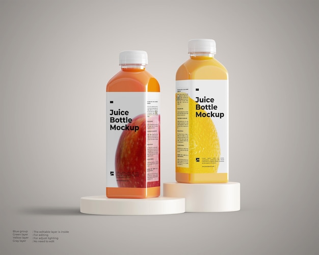 Two juice bottle mockup on podium