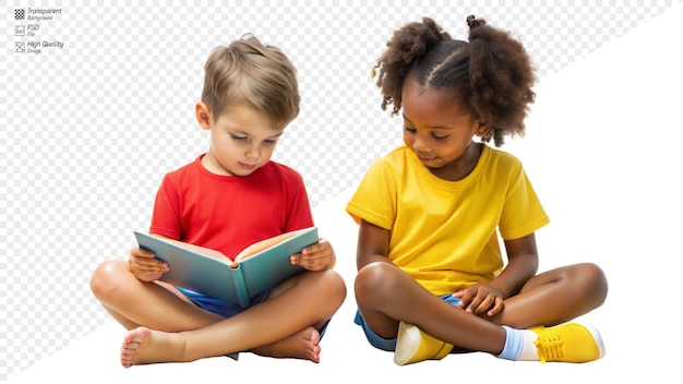 PSD two kids reading a book together transparent background