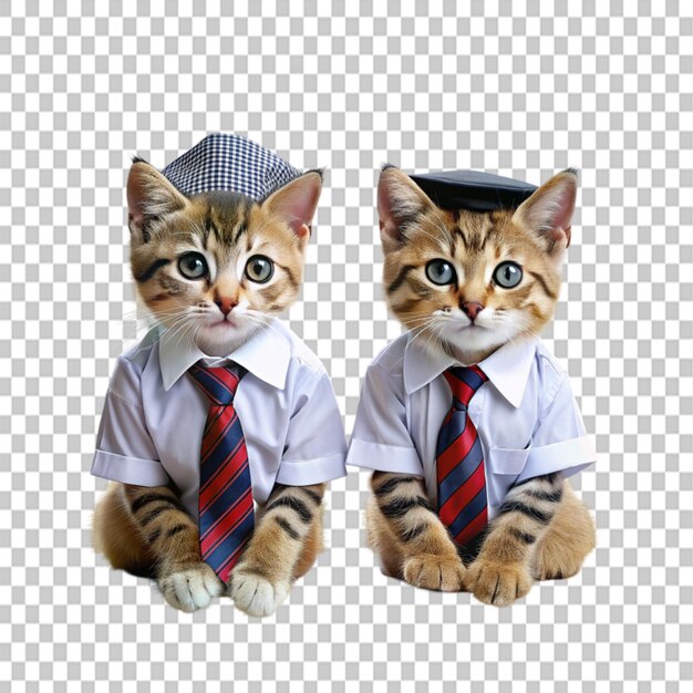 PSD two kitten in school uniform with cap sitting on transparent background