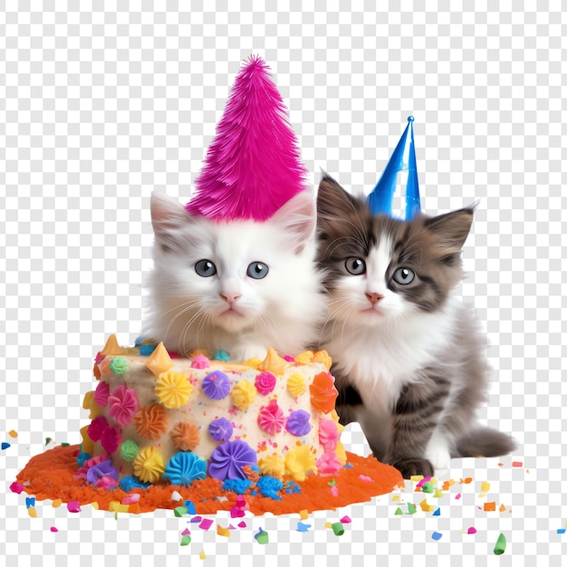 two kittens are playing with a cake with a party hat on it