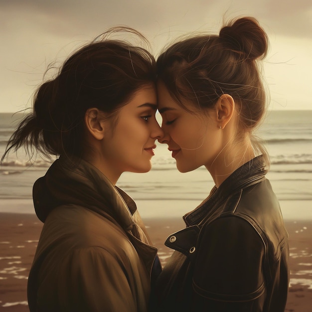 PSD two lovely women are on the beach lesbian love wallpaper