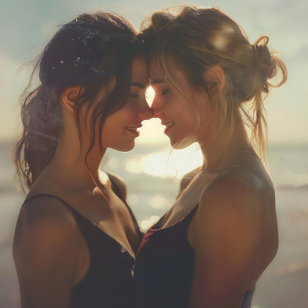 Two lovely women are hugging each other on a beach Lesbian love wallpaper