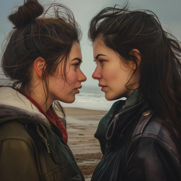 PSD two lovely women are standing on the beach lesbian love wallpaper