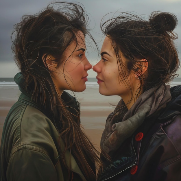 Two lovely women in love on the beach Lesbian love wallpaper