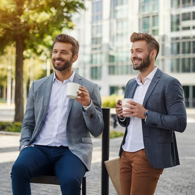 PSD two men are sitting on a bench and drinking coffee