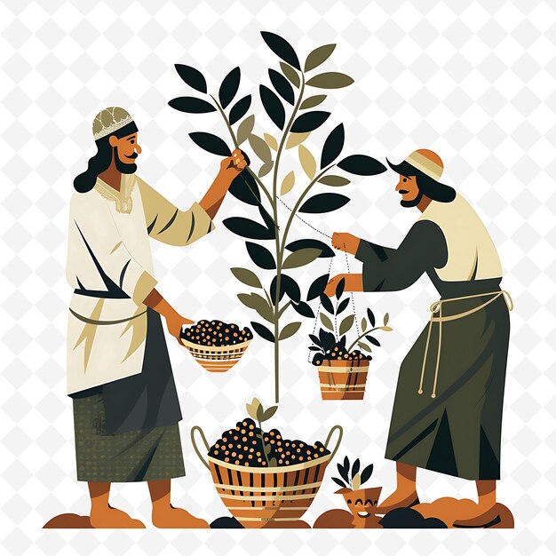 two men are working with a tree and a basket of grapes