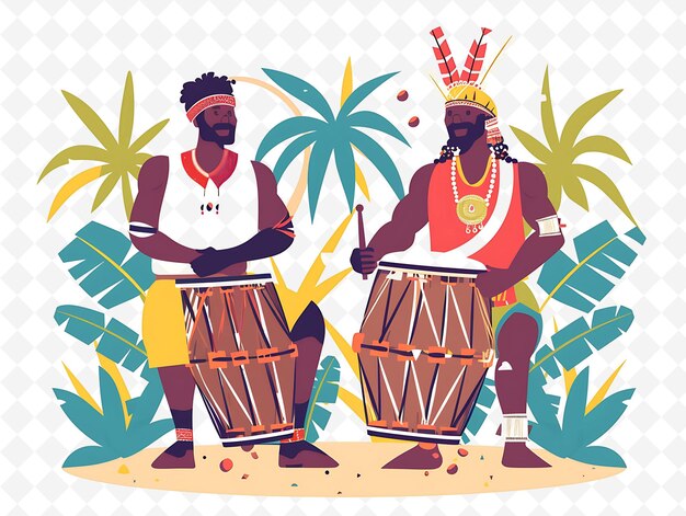 PSD two men playing drums with palm trees in the background