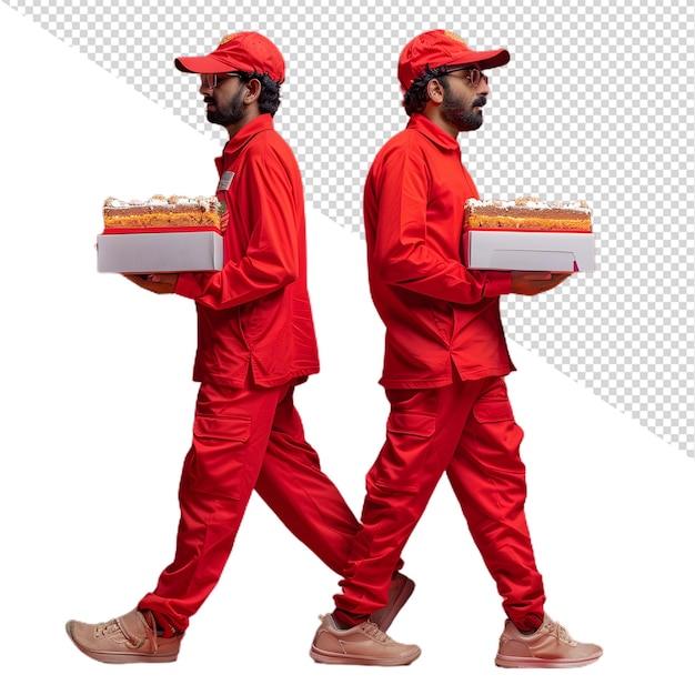 PSD two men in red uniforms carrying boxes of food with one holding a box of donuts