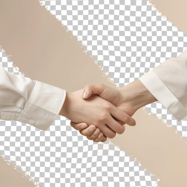 two men shaking hands with a background of a photo of a man and woman