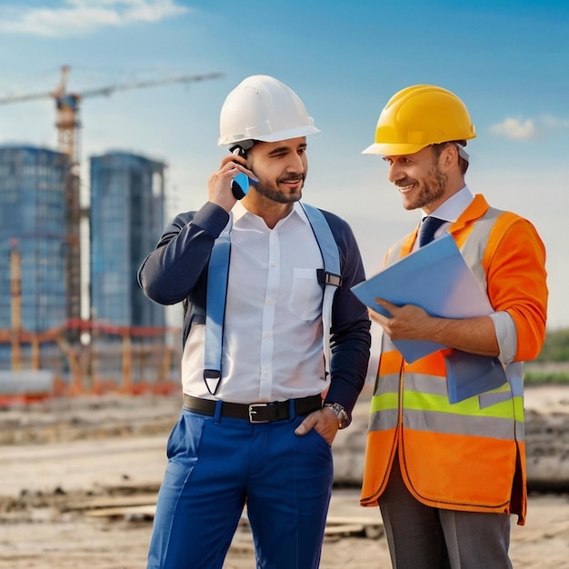 two men talking on a cell phone while wearing hard hats