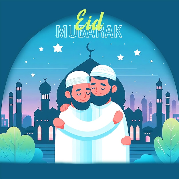 Two Muslim men are hugging and the background mosque is visible and eid mubarak social media design