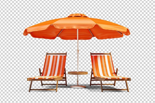 PSD two orange striped lounge chairs under a beach umbrella