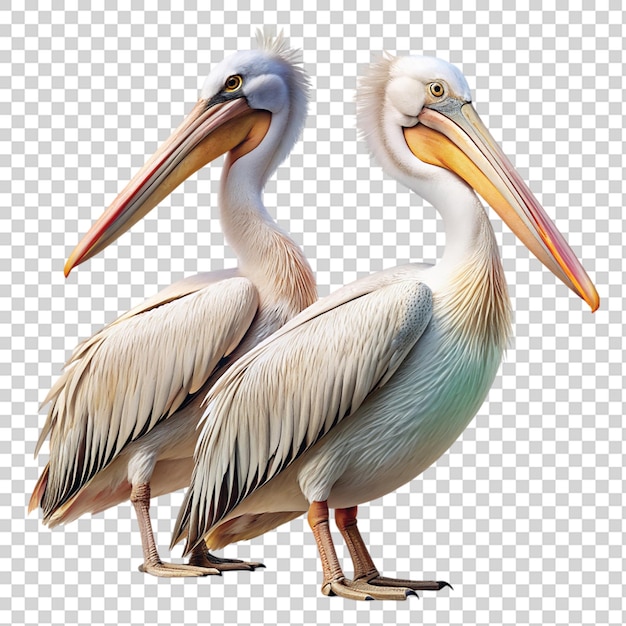 Two pelicans standing next to each other with their beaks open on transparent background