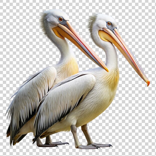 Two pelicans standing next to each other with their beaks open on transparent background