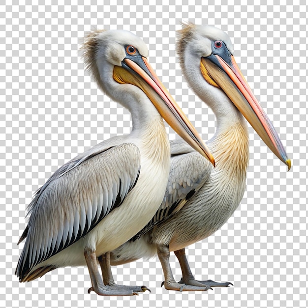 PSD two pelicans standing next to each other with their beaks open on transparent background