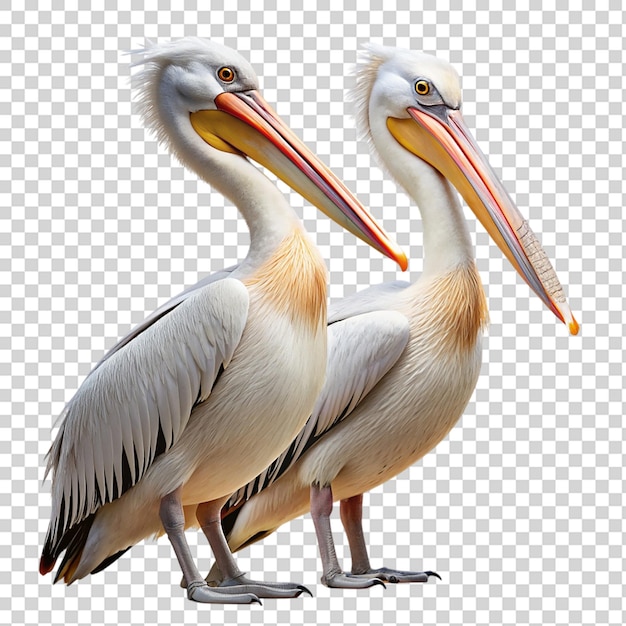 Two pelicans standing next to each other with their beaks open on transparent background