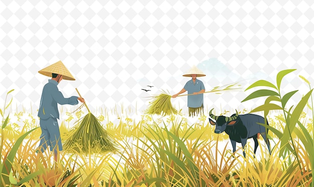 two people are working in the field with rice and straw hats