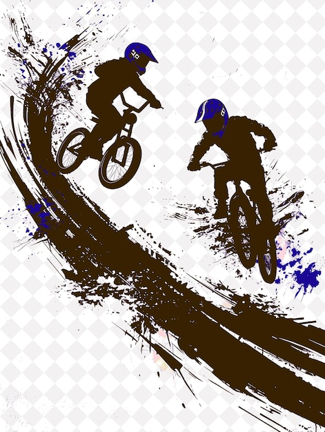 PSD two people on bikes are jumping over a trail that has a picture of a man on it