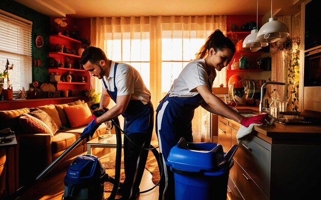 PSD two people in a kitchen with a blue bucket and a blue bucket