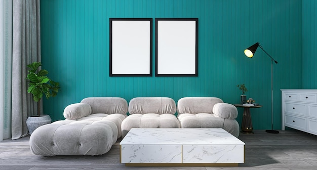 Two photo frame mockup in modern living room interior design with sofa, green background, table