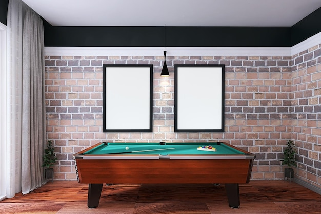 Two photo frame mockup in modern living room interior scene with billiards table, bricks background