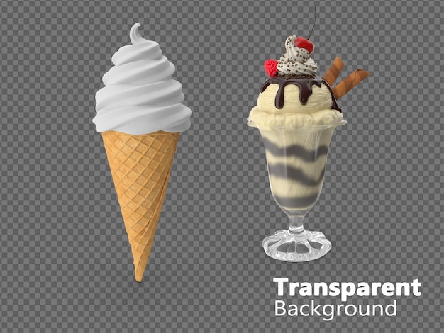 PSD two photos of a vanilla ice cream with transparent ice cream and a cone with transparent ice cream on it.