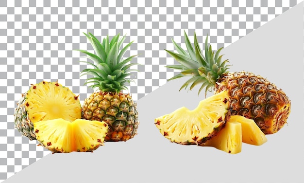 two pineapples with a half eaten slice of pineapple