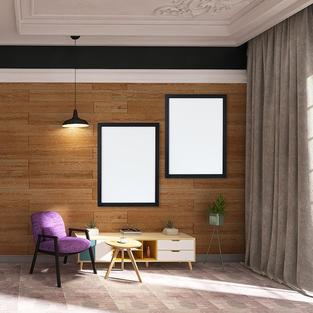 Two poster frame mockup in modern living room interior design with sofa, wooden background, window