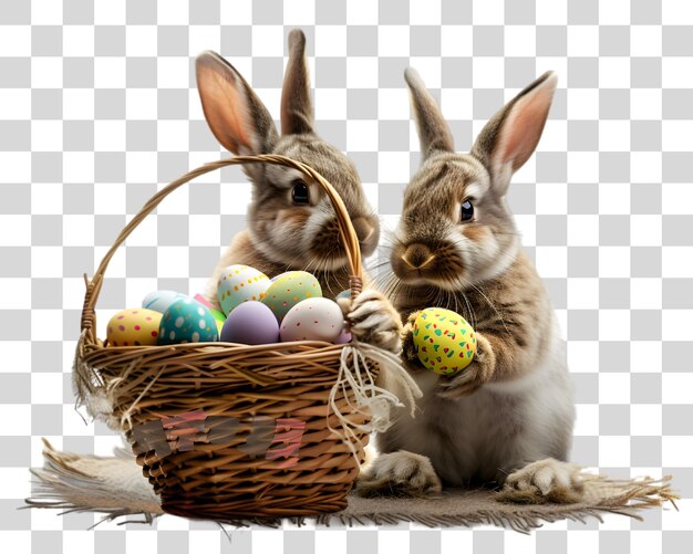 Two rabbits holding a basket filled with colorful eggs on white background