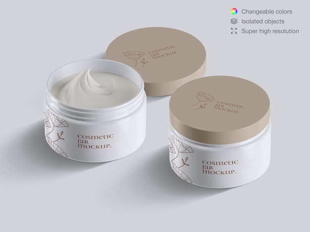 Two realistic high angle plastic cosmetic face cream jars mockup template