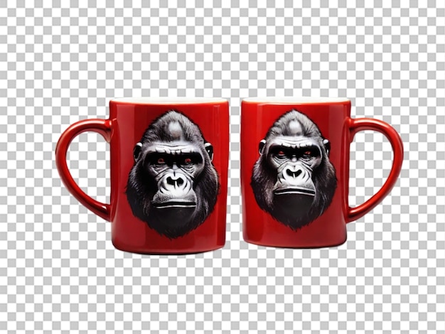 Two red coffee mugs with a black gorilla face on them