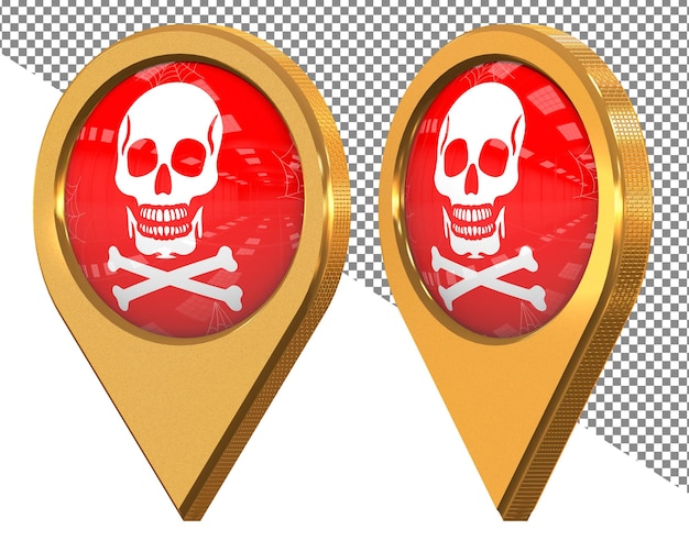 Two red and gold stickers with a skull and crossbones on them.