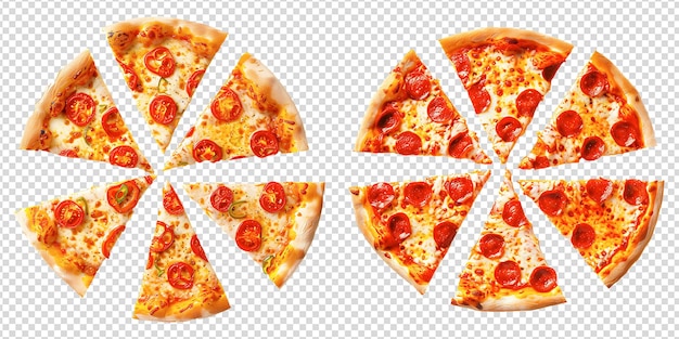 Two round hot delicious pizzas with different toppings cut into slices