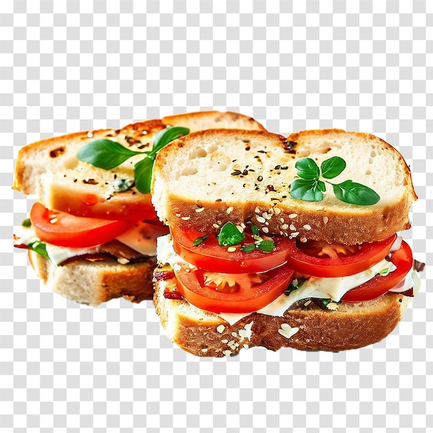 two sandwich made slice of meat and cheese tomatoes between toasted bread on transparent backgroun