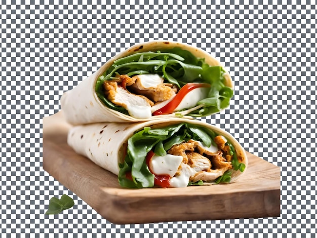 Two sandwiches with chicken and lettuce on a wooden board isolated on transparent background