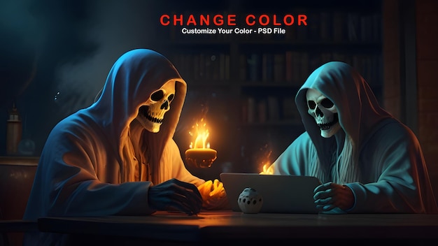 PSD two scary ghost working on laptop with fire fantasy halloween character cinematic look vibrant